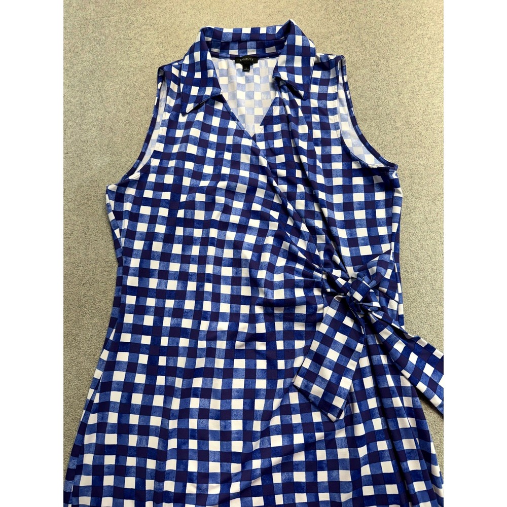Talbots Blue White Gingham Faux Wrap Dress Womens L Sleeveless Tie Waist Classic